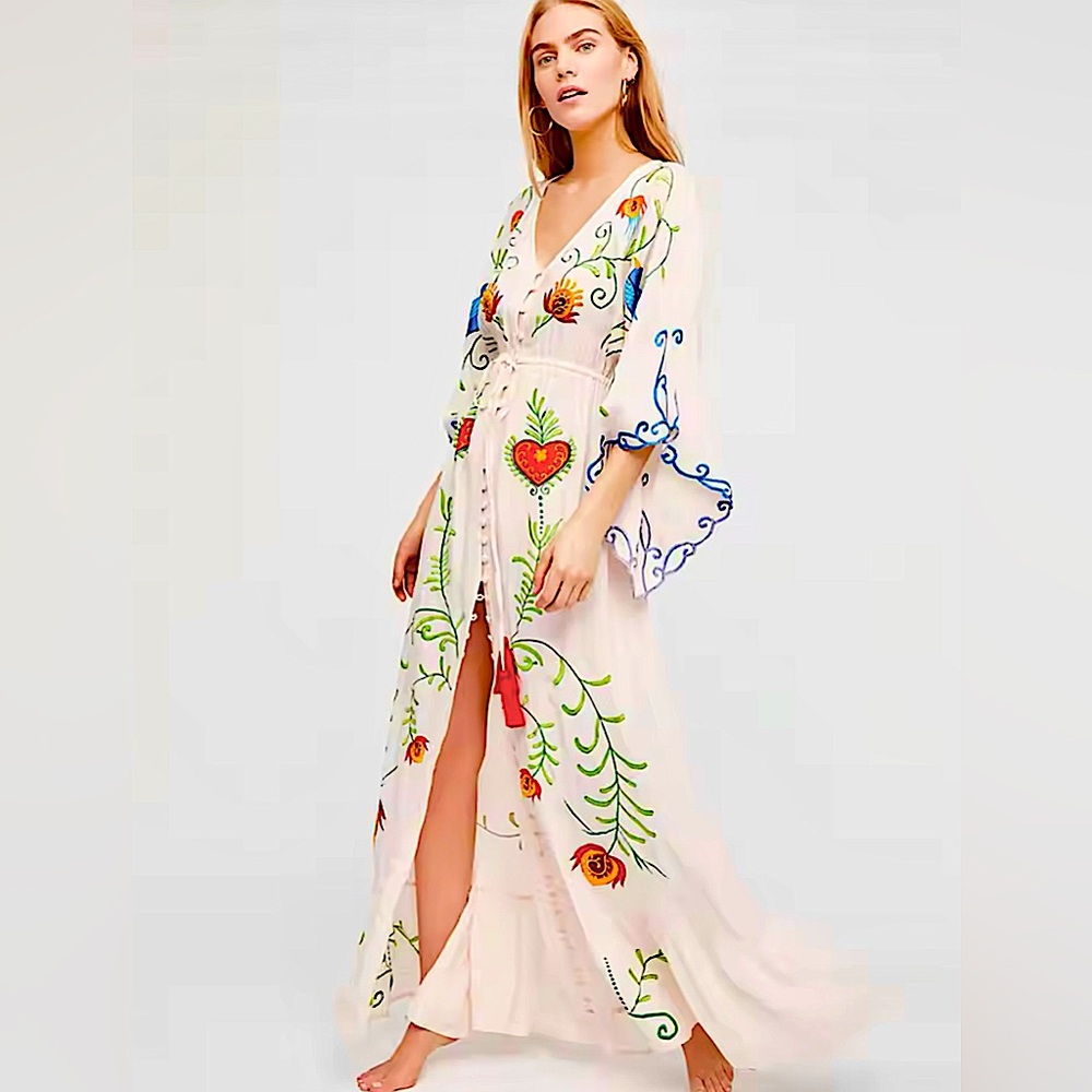 Boho Chic Floral & Bird Embroidered Flowy Maxi Dress V Neck wedding maternity